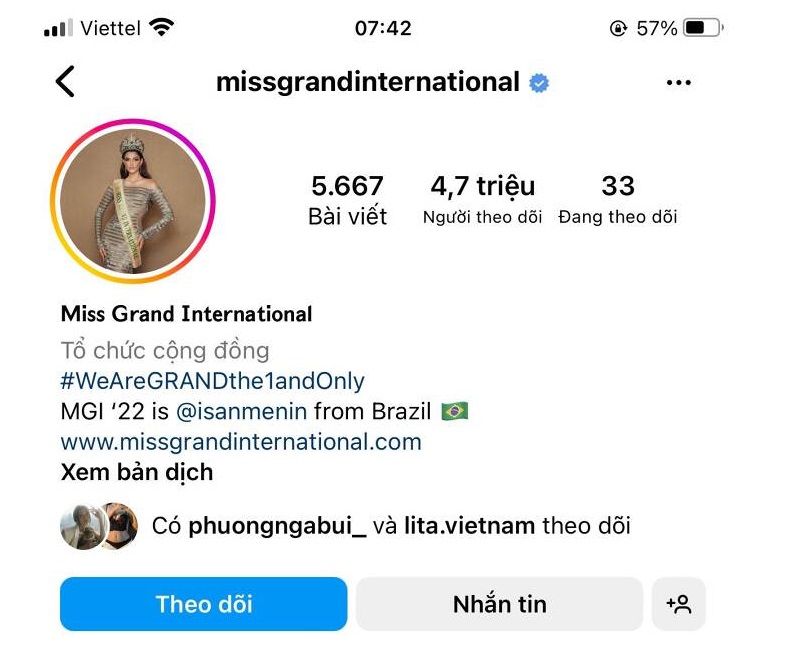 Instagram của Miss Grand International tụt follow trầm trọng