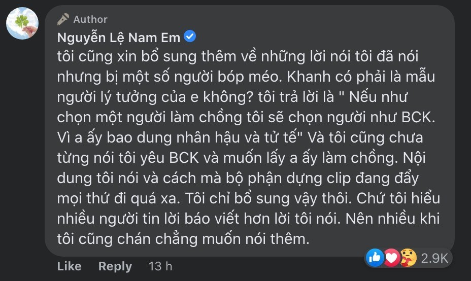 Bình luận phân trần sự thật của Nam Em về sự việc gây hiểu nhầm