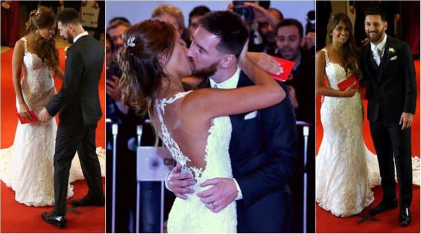 Messi và vợ hôn nhau trong đám cưới năm 2017. 