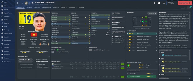 Bộ chỉ số Football Manager 2023 yếu nhưng Nguyễn Quang Hải vẫn tỏa sáng