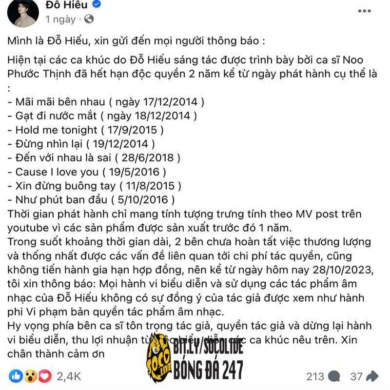 Noo Phước Thịnh bị Đỗ Hiếu yêu cầu dừng sử dụng 8 bản hit